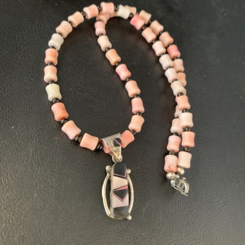 Pink Coral, Onyx & Mother of Pearl Inlay Pendant Necklace | Navajo Sterling Silver Bead | Authentic Native American | 13733