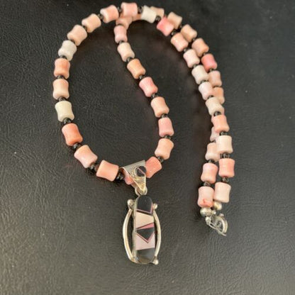 Pink Coral, Onyx & Mother of Pearl Inlay Pendant Necklace | Navajo Sterling Silver Bead | Authentic Native American | 13733