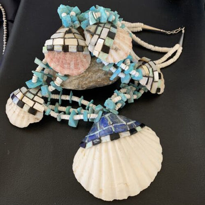 Native American Zuni Shell Pendants | Spiny Oyster & Blue Turquoise Necklace | 30" | 12520