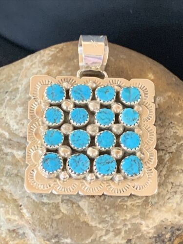 Navajo Blue Turquoise Cluster Pendant | Sterling Silver | 2" | Authentic Native American Handmade | 02098