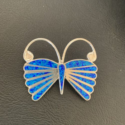 Navajo Blue Opal Butterfly Sterling Silver Necklace Pin Pendant | 11973