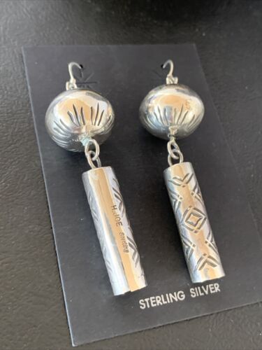 Navajo Sterling Silver Bead Earrings | Handmade Native American Pearls | 2.75" | 1519