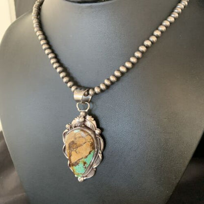 Men's Navajo Green Boulder Turquoise Pendant Necklace | Sterling Silver | Authentic Native American Handmade | 13660