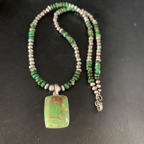 Navajo Green Mojave Turquoise Pendant Necklace | Sterling Silver | Native American Handmade | 13468