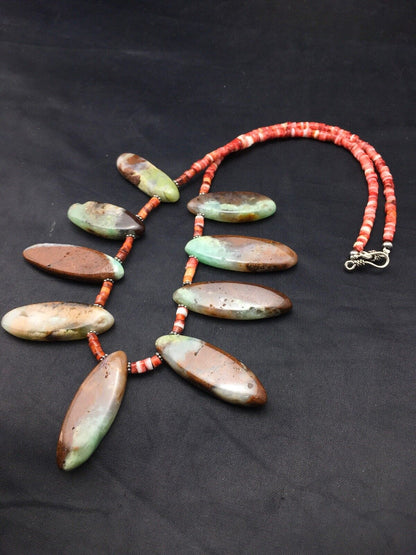 Navajo Green Chrysoprase & Spiny Oyster Necklace | Sterling Silver | 20" | Authentic Native American Handmade | 4284