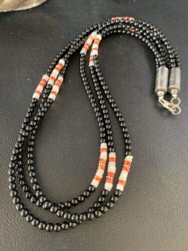 Native American 3-Strand Mother of Pearl Spiny Oyster Onyx Necklace | Sterling Silver | 13909