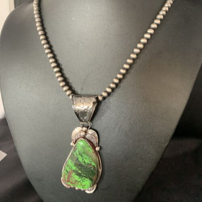 Native American Green Gaspeite Pendant Necklace | Sterling Silver | 13996