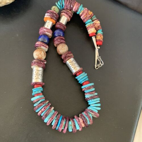 Navajo Sterling Silver Necklace | Turquoise, Spiny Oyster, Coral, Lapis | 24" | Authentic Native American | 10825