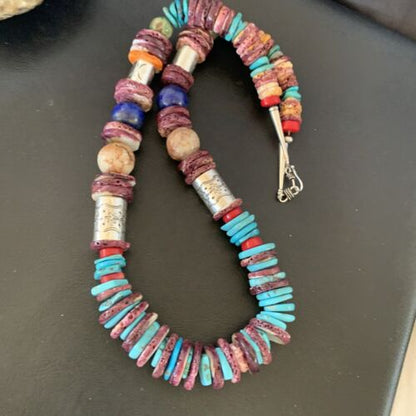Navajo Sterling Silver Necklace | Turquoise, Spiny Oyster, Coral, Lapis | 24" | Authentic Native American | 10825