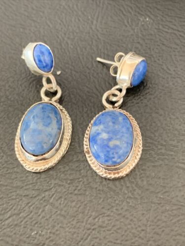 Navajo Denim Lapis Dangle Earrings | Sterling Silver | 1.1" | Authentic Native American Handmade | 1700