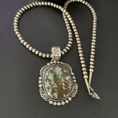 Navajo Pearls Sterling Silver Necklace with Blue Turquoise #8 Pendant | Authentic Native American Handmade | 11297
