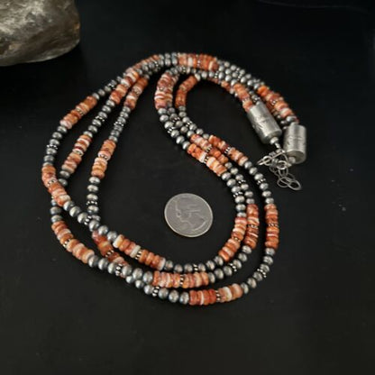 Navajo Pearls Necklace | Sterling Silver | Orange Spiny Oyster | 3-Strand | 22" | 14675