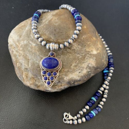 Men's Navajo Pearl Blue Lapis Turquoise Necklace | Sterling Silver | 21" | 12612 | Multi-Stone
