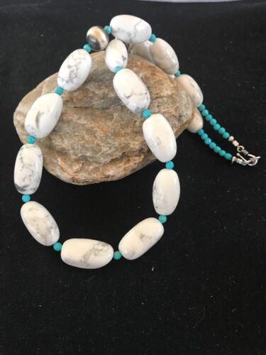 Navajo White Howlite Turquoise Beads Necklace | Sterling Silver | 22" | Authentic Native American Handmade | 10241