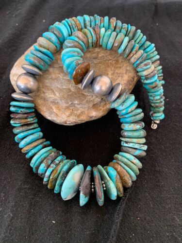 Authentic Navajo Sterling Silver & Turquoise Graduated Necklace | 18" | Native American Jewelry | 4241 - Masha USA
