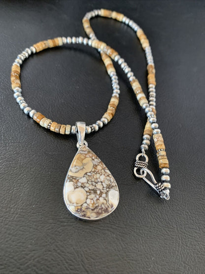 Men's Navajo Wild Horse Jasper Pendant Necklace | Sterling Silver | Authentic Native American Handmade | 10334