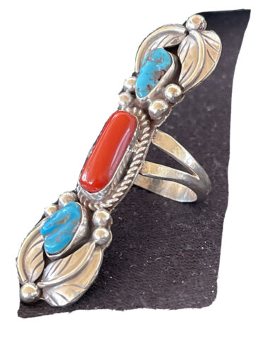 Native Navajo Sterling Silver Kingman Turquoise & Coral Ring Sz 11 1290