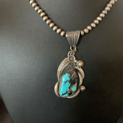 Navajo Pearl Necklace with Blue Spiderweb Turquoise Pendant | Sterling Silver | Native American Handmade | 13258