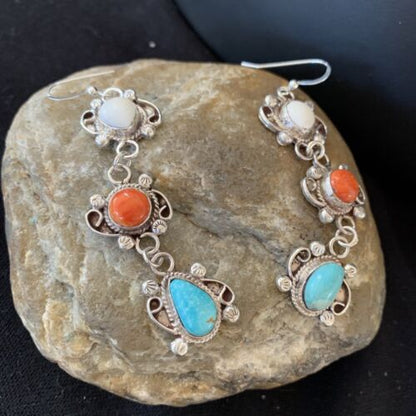 Navajo Spiny, Turquoise & Howlite Dangle Earrings | Sterling Silver | Authentic Native American Handmade | 1574