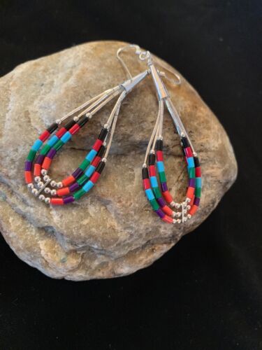 Handmade Liquid Silver Heishi Dangle Earrings | Turquoise Coral | Sterling Silver | 2" | 2001