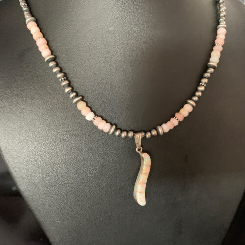Navajo Pink Opal Beads Necklace Multi-Stone Mother of Pearl Inlay Pendant | Sterling Silver | 13458