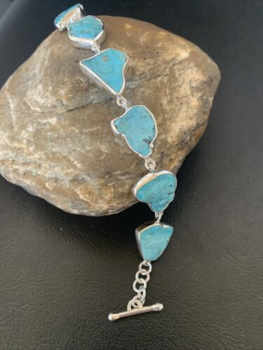 Navajo Blue Kingman Turquoise Link Bracelet | Sterling Silver | 8" | Authentic Native American Handmade | 11647