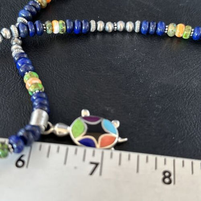 Navajo Green Turquoise and Lapis Inlay Pendant Necklace | Sterling Silver | Authentic Native American Handmade | 14616