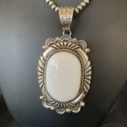 Men's Navajo White Buffalo Turquoise Pendant | Sterling Silver Necklace | Authentic Native American Handmade | 11591