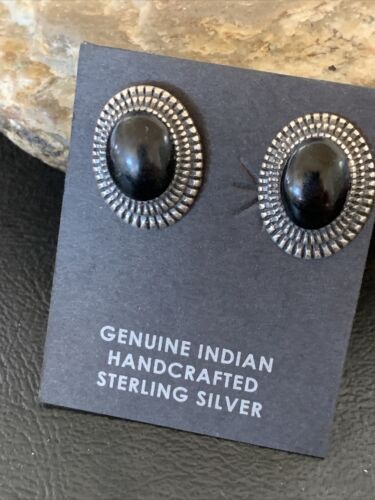 Navajo Black Onyx Stud Post Earrings | Sterling Silver | 0.5" | Authentic Native American Handmade | 12643