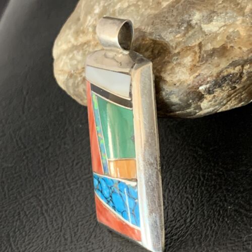 Navajo Turquoise Spiny Opal Multi-Color Inlay Pendant | Sterling Silver | Authentic Native American Handmade | 13722