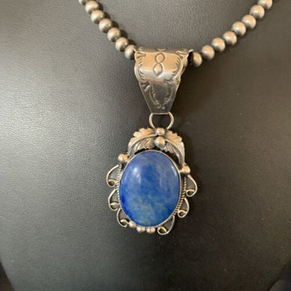 Men's Navajo Pearls Necklace with Denim Lapis Pendant | Sterling Silver | Authentic Native American Handmade | 12433
