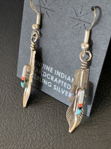 Navajo Coral Inlay Feather Earrings | Sterling Silver | Authentic Native American Handmade | 13065