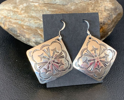 Native American Women's Dangle Earrings | Navajo Sterling Silver Stamped Handmade | 1656