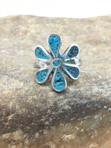 Southwestern Navajo Blue Turquoise Flower Ring Sterling Silver 6.75 3076