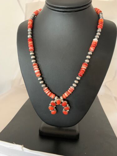 Navajo Spiny Oyster & Coral Naja Pendant | Authentic Native American Sterling Silver | Naja | 4682