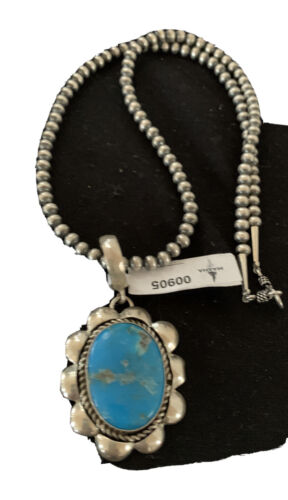Men's Navajo Pearl Necklace with Blue Kingman Turquoise Pendant | Sterling Silver | 00905