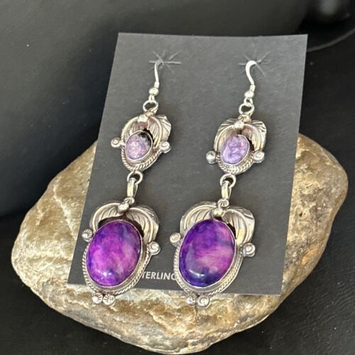 Navajo Purple Sugilite Dangle Earrings | Sterling Silver | 2" | Authentic Native American Handmade | 14402