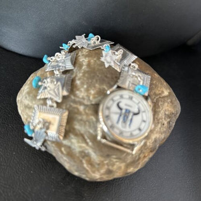 Authentic Navajo Men's Blue Turquoise Wristwatch | Sterling Silver Tips | Native American Jewelry | 14397
