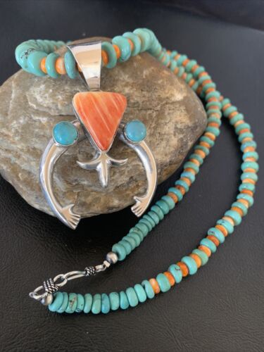 Navajo Pearls Sterling Silver Necklace | Blue Turquoise & Spiny Oyster | Naja Pendant | Authentic Native American Handmade