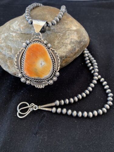 Navajo Orange Spiny Oyster Pendant Necklace | Sterling Silver Pearls | Authentic Native American Handmade | 00777