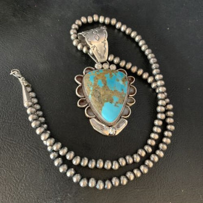 Men's Kingman Blue Turquoise Necklace | Sterling Silver | 3" Pendant | Authentic Native American Handmade | 13995