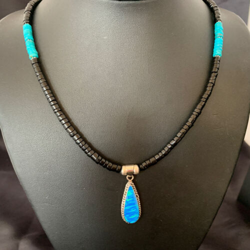 Navajo Opal Pendant Onyx Heishi & Turquoise Necklace | Sterling Silver | Authentic Native American Handmade | 4329