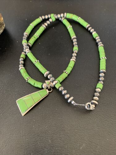 Native American Navajo Sterling Silver Necklace | Green Gaspeite Inlay Pendant | 12150