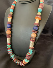 Navajo Turquoise Spiny Oyster Coral Lapis Necklace | Sterling Silver | 24" | 10824