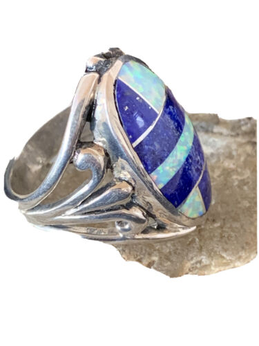 Native American Navajo Lapis & Opal Inlay Ring | Sterling Silver | Sz 7 | 01483 - Masha USA