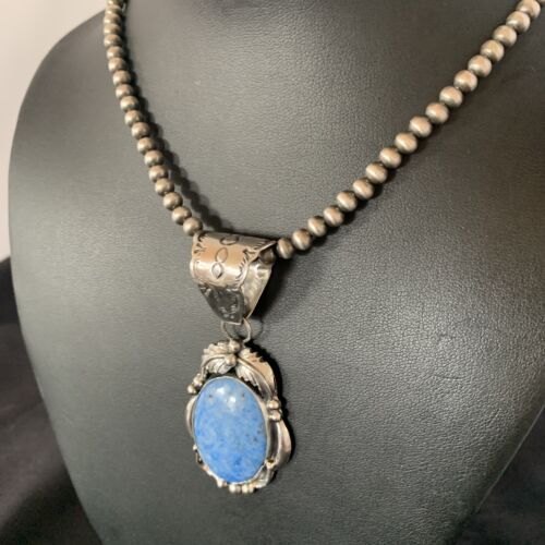 Navajo Denim Lapis Necklace with Pendant | Sterling Silver | Authentic Native American Handmade | 12437