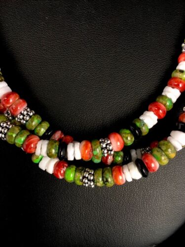 Native American Turquoise & Spiny Oyster Necklace | Sterling Silver | Multi-Strand | 8745