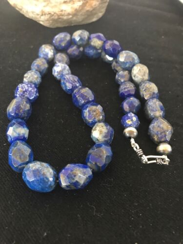 Navajo Chunky Faceted Denim Lapis Beads Necklace | Sterling Silver | Authentic Native American Handmade | 21" | 13973