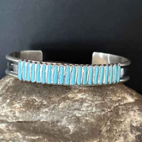 Zuni Blue Turquoise Inlay Cuff Bracelet | Sterling Silver | Authentic Native American Handmade | 14588