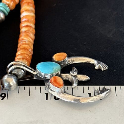 Navajo Blue Turquoise Spiny Oyster Naja Pendant Necklace | Sterling Silver | 18" | Authentic Native American Handmade | 14810 - Masha USA